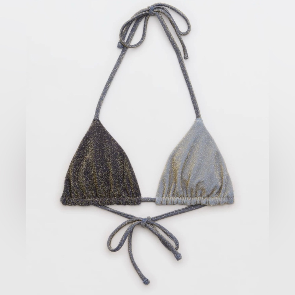 NWT Aerie Sparkle String Triangle Bikini Top in Blue Gold - Size XXL